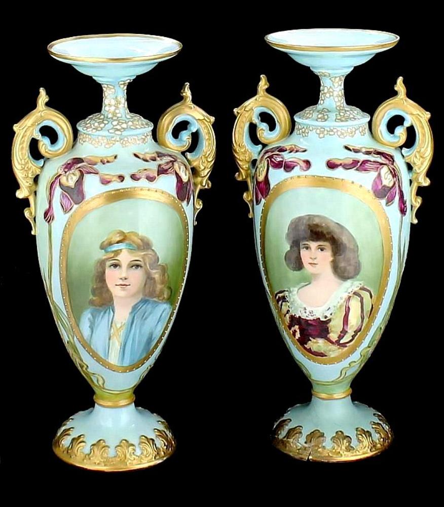 ANTIQUE CAC AMERICAN BELLEEK HAND PAINTED PORTRAIT ANGELS VASES URNS
