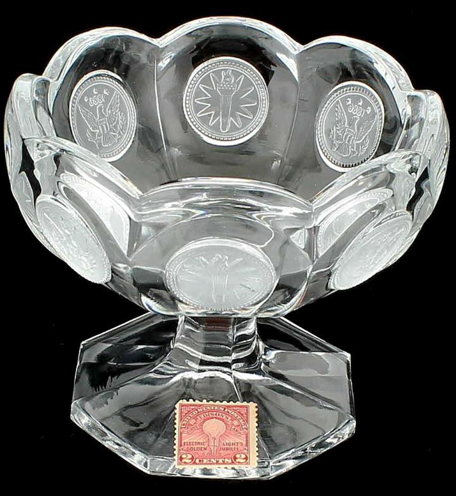 VINTAGE FOSTORIA COIN DOT PATTERN COMPOTE EAGLE & TORCH SEALS CRYSTAL