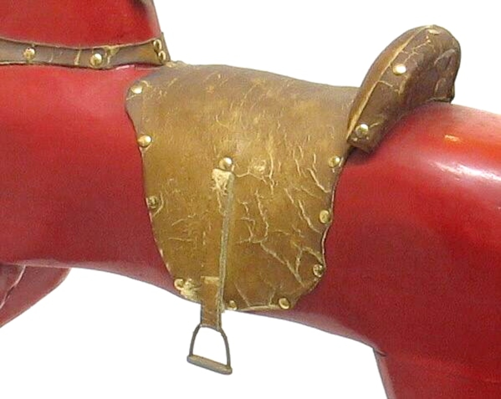 ANTIQUE FOLK ART CARVED WOODEN RED PAINTED HORSE SADDLE STIRRUPS CHRISTMAS