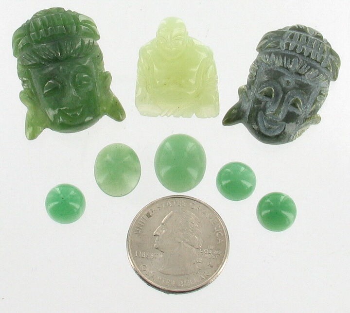 VINTAGE JADEITE 5 GREEN CAB STONES & 3 CARVED JADE BUDDHA AMULET