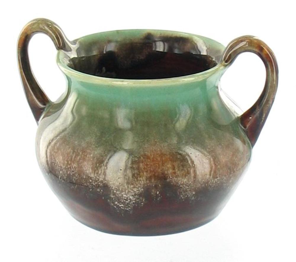 ANTIQUE ARTS & CRAFTS MISSION GREEN BROWN DRIP GLAZE POTTERY HANDLED