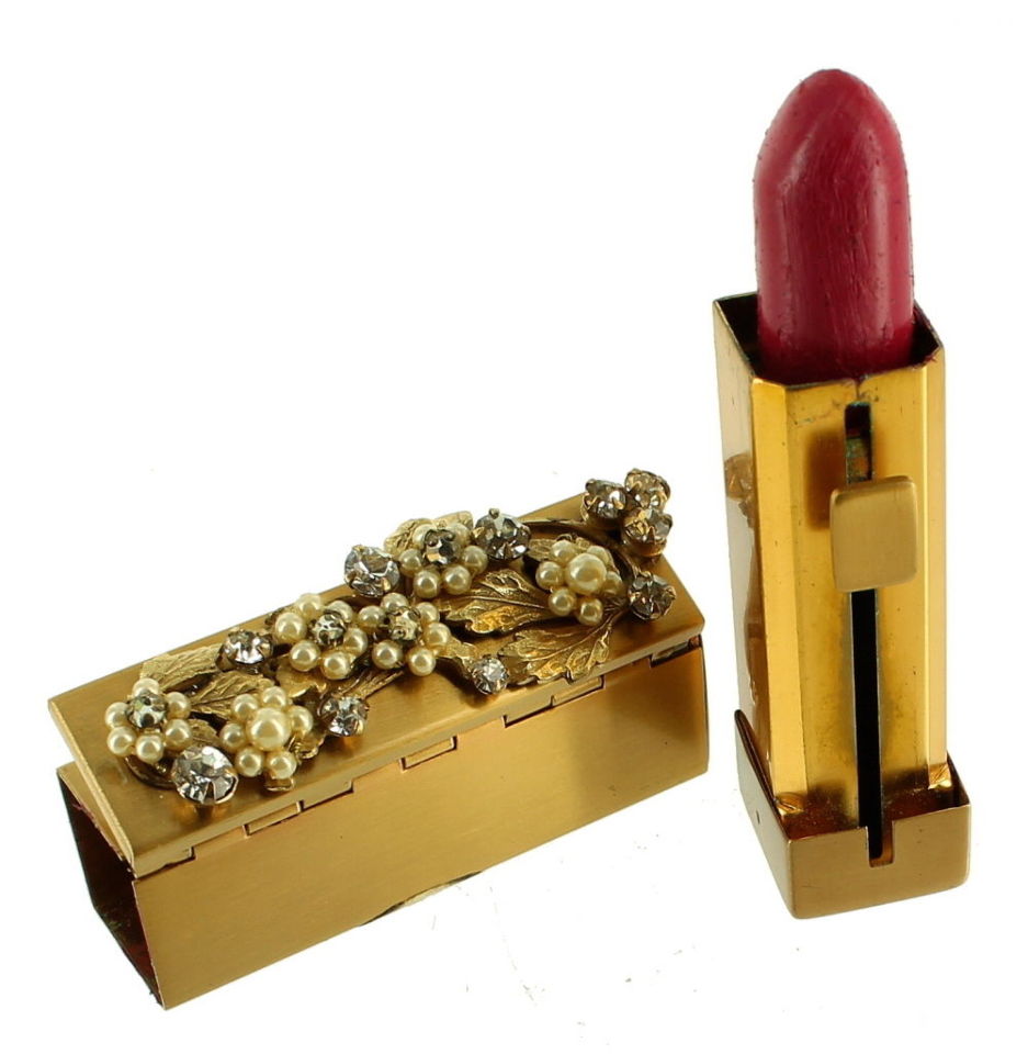 VINTAGE ORIGINAL BY ROBERT MIRROR JEWELED LIPSTICK CASE HOLDER PEARLS