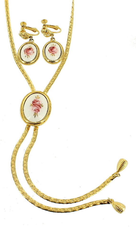 VINTAGE GOLDETTE GUILLOCHE ENAMEL ROSES OVAL SLIDE NECKLACE & EARRINGS