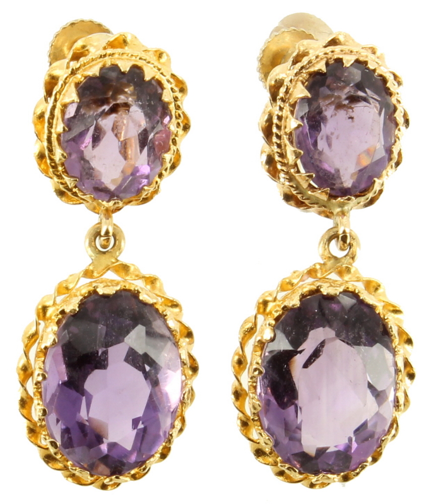 VINTAGE 14K GOLD AMETHYST DANGLE DROP EARRINGS SCREWBACK