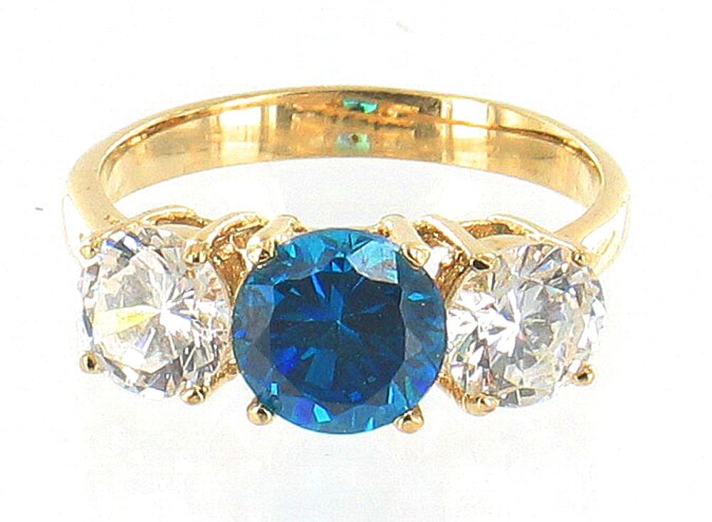 VINTAGE 3 STONE FAUX SAPPHIRE & DIAMONDS GOLD TONE GE RING SIZE 9.25 eBay