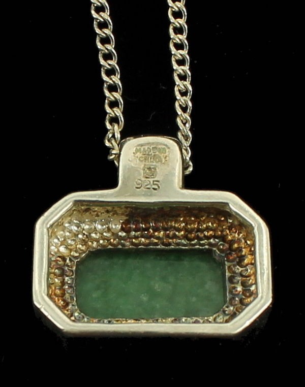 VINTAGE STERLING GREEN JADE JADEITE 6.25CT RECTANGLE CAB PENDANT