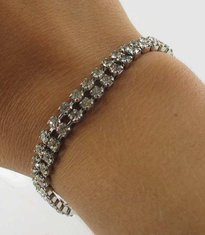 VINTAGE DESIGNER STERLING SILVER & RHINESTONE DOUBLE LINK ROW BRACELET