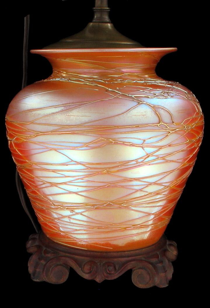 ANTIQUE DURAND ART GLASS ORANGE GOLD IRIDESCENT LARGE THREADED LAMP