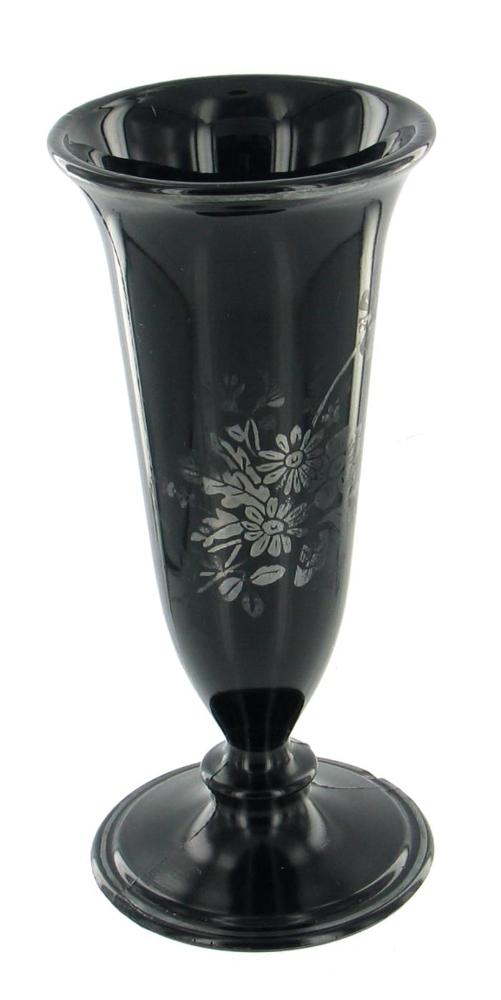 VINTAGE BLACK AMETHYST GLASS w STERLING SILVER FLORAL OVERLAY FLUTED