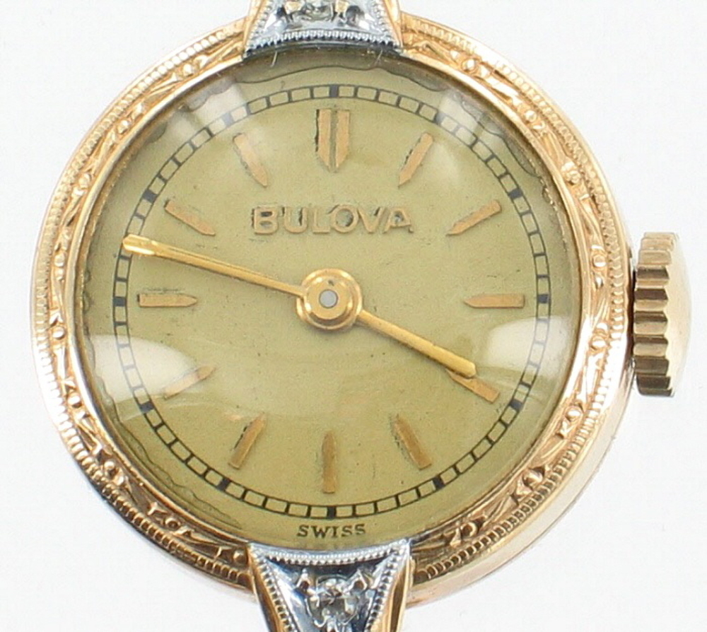 VINTAGE DECO 10K GOLD FILLED GF DIAMONDS BULOVA LADIES WATCH ENGRAVED