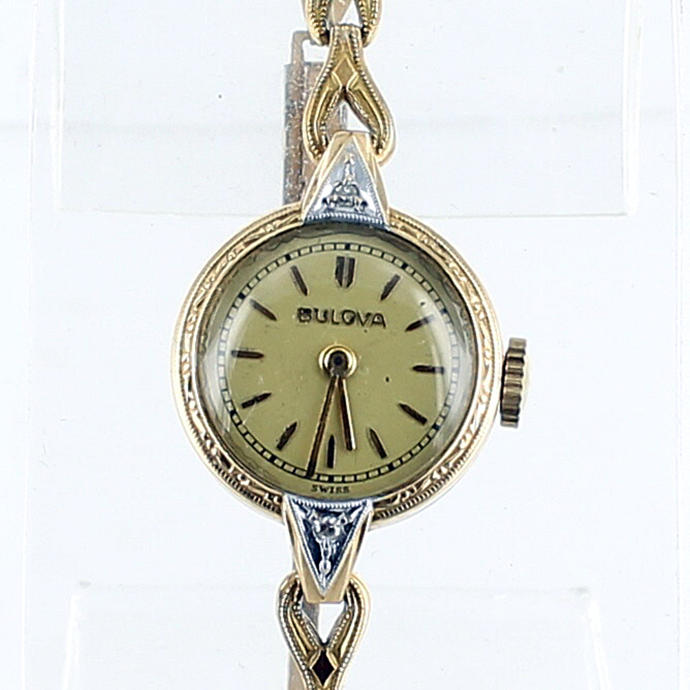 VINTAGE DECO 10K GOLD FILLED GF DIAMONDS BULOVA LADIES WATCH ENGRAVED