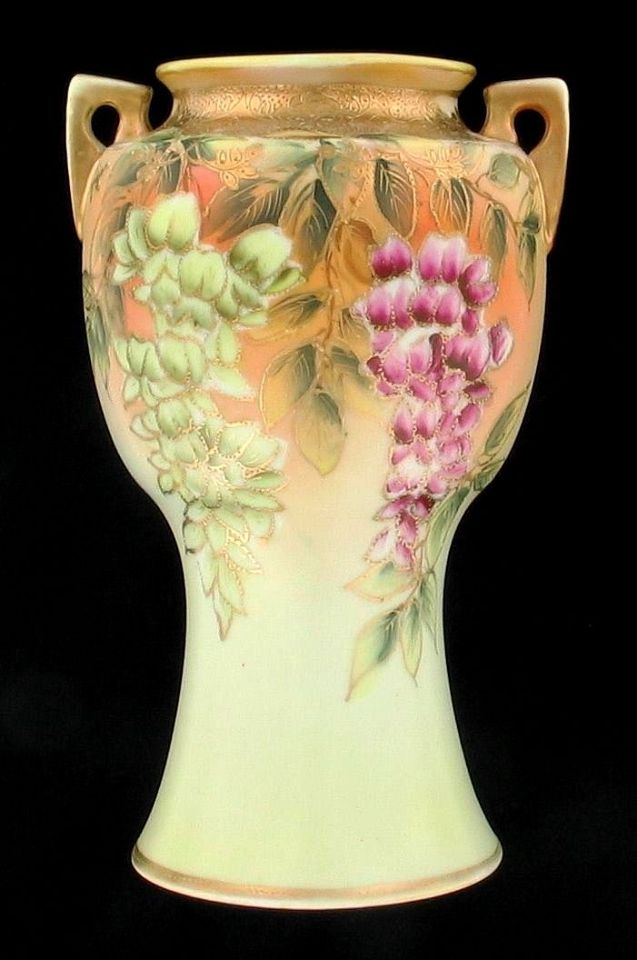 ANTIQUE IMPERIAL NIPPON HP MORIAGE WISTERIA FLOWERS GILT HANDLED VASE
