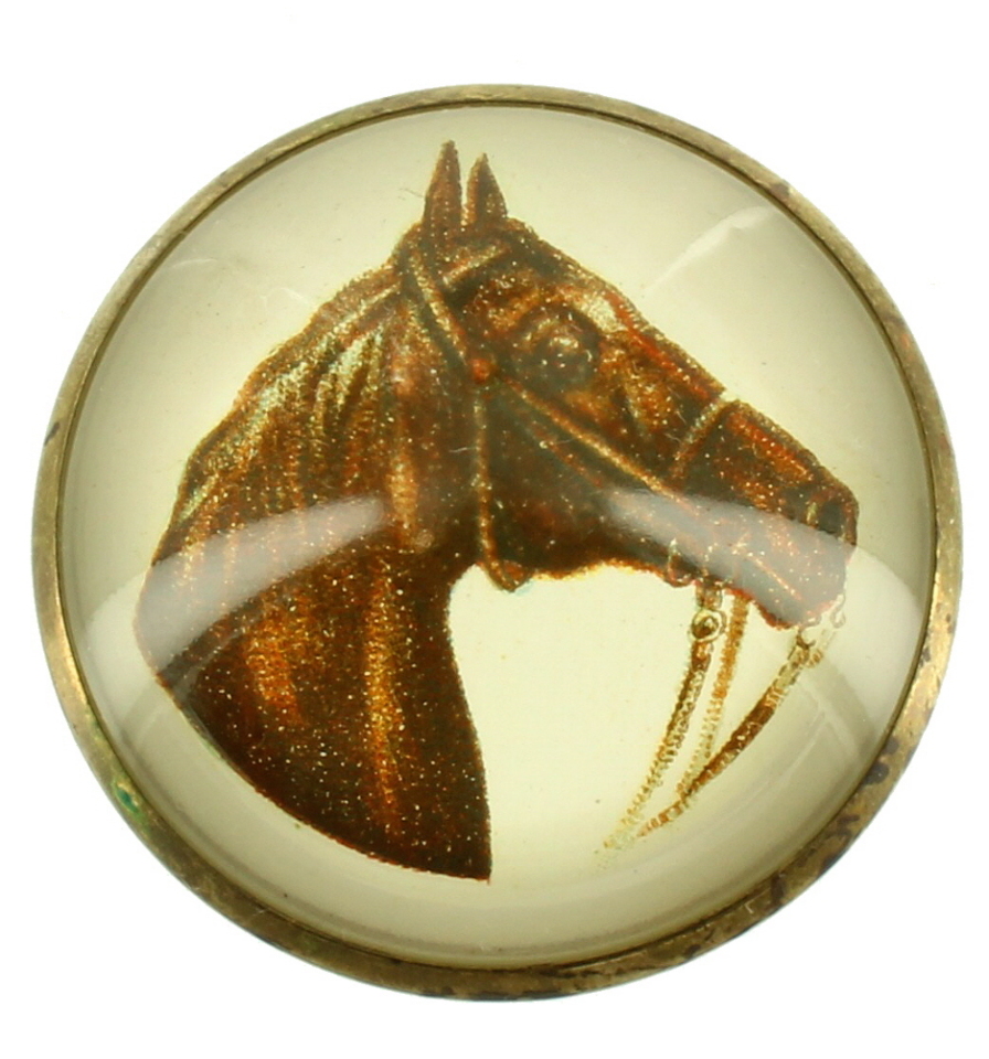 Antique 19th C Horse Bridle Rosette GLASS BUTTON Buckle BROWN HEAD 1 5/