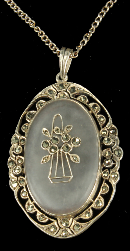 Antique Deco Sterling Marcasite Frosted Glass Filigree Pendant Necklace
