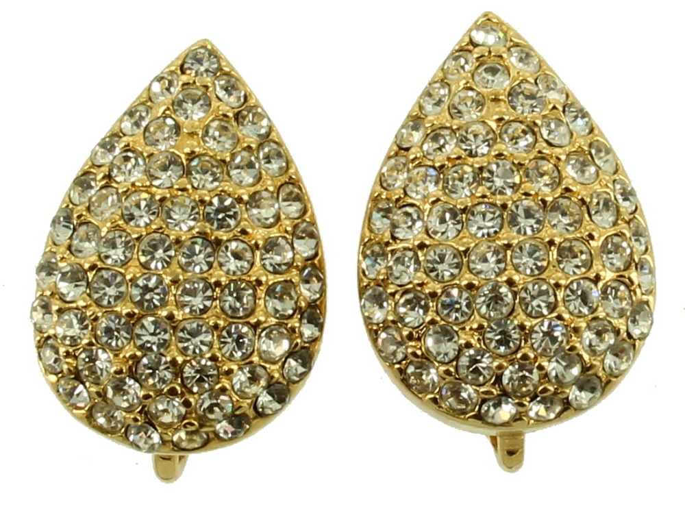 VINTAGE CHRISTIAN DIOR RHINESTONE ENCRUSTED TEAR DROP SHAPED CLIP BACK