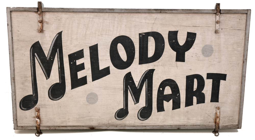 ANTIQUE WOOD SIGN MELODY MART MUSIC INSTRUMENT SHOP FOLK ART