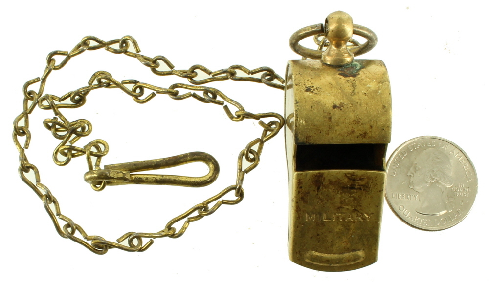 VINTAGE BRASS MILITARY WWII REGULATION WHISTLE WITH CHAIN MADE IN USA
