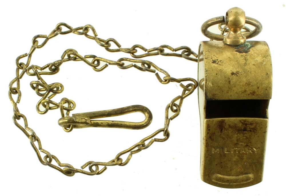 VINTAGE BRASS MILITARY WWII REGULATION WHISTLE WITH CHAIN MADE IN USA