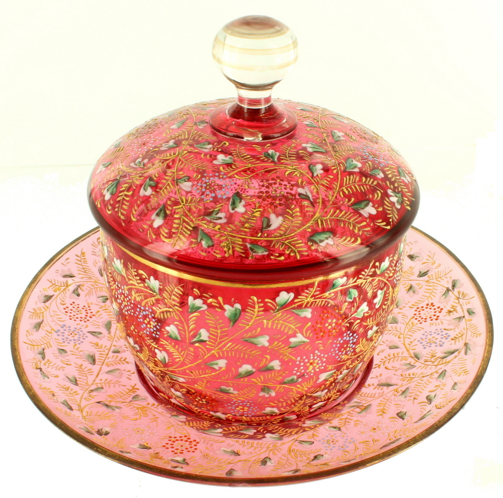 ANTIQUE BOHEMIAN MOSER CRANBERRY GLASS 3 PC CONDIMENT JAR LID UNDER