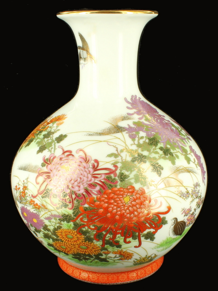 VINTAGE JAPANESE SHIBATA TOKI VASE PORCELAIN VASE BIRD CHRYSANTHEMUM