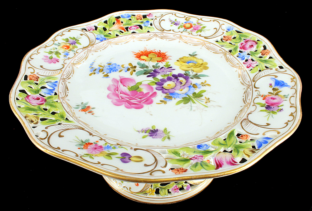ANTIQUE EARLY CARL THIEME GERMAN DRESDEN PORCELAIN FLORAL COMPOTE PLATE
