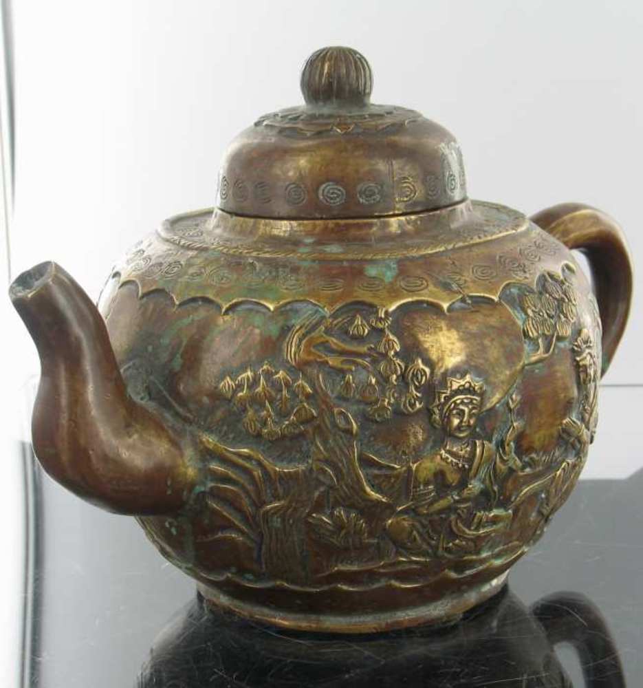 ANTIQUE BRONZE CHINESE ENGRAVED TEAPOT KANRYU INDIAN BORDER eBay