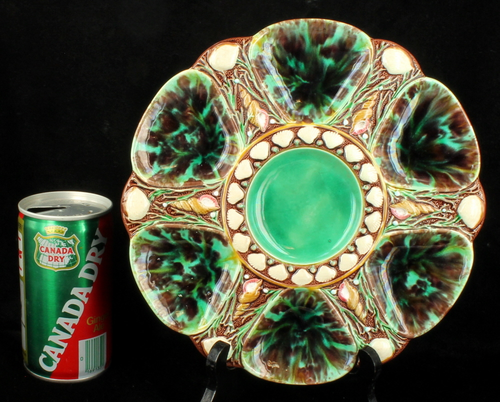 ANTIQUE VICTORIAN MINTON MAJOLICA POTTERY MOTTLED OYSTER PLATE SET OF 4
