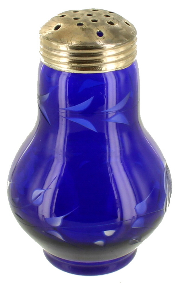 Antique Cobalt Blue Elegant Glass Sugar Sifter Shaker Etched Flower