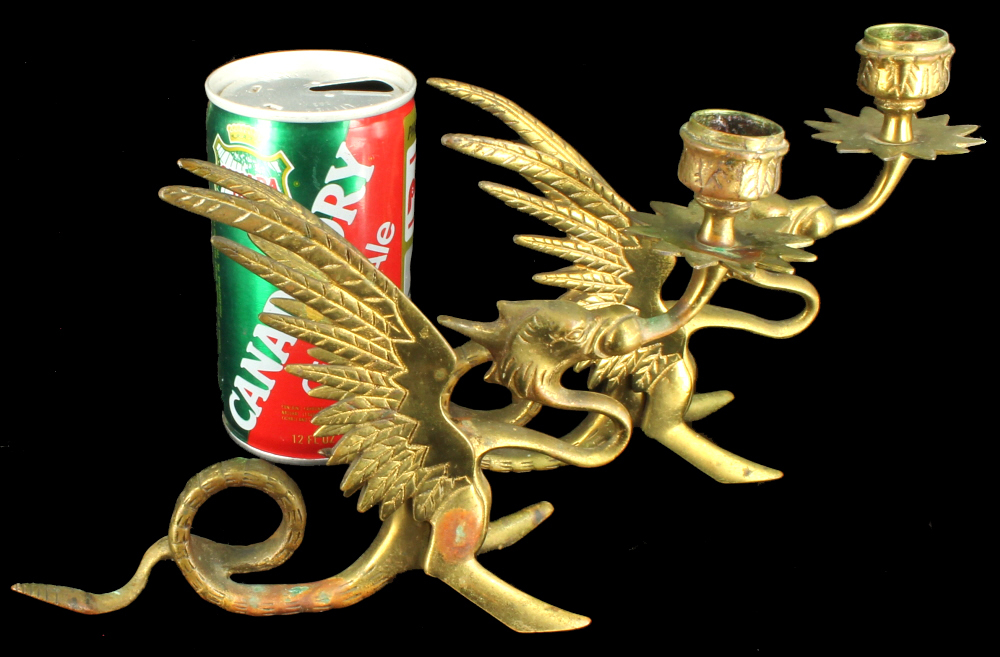 Antique Victorian Pair Brass Dragon Griffin Candlestick Holders Finger