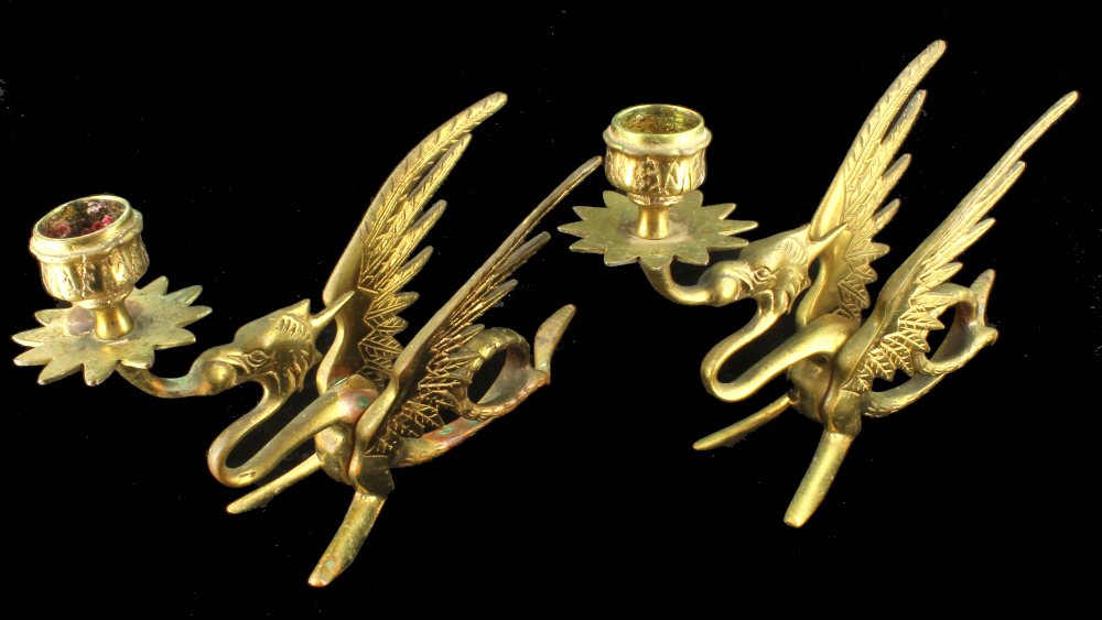 Antique Victorian Pair Brass Dragon Griffin Candlestick Holders Finger