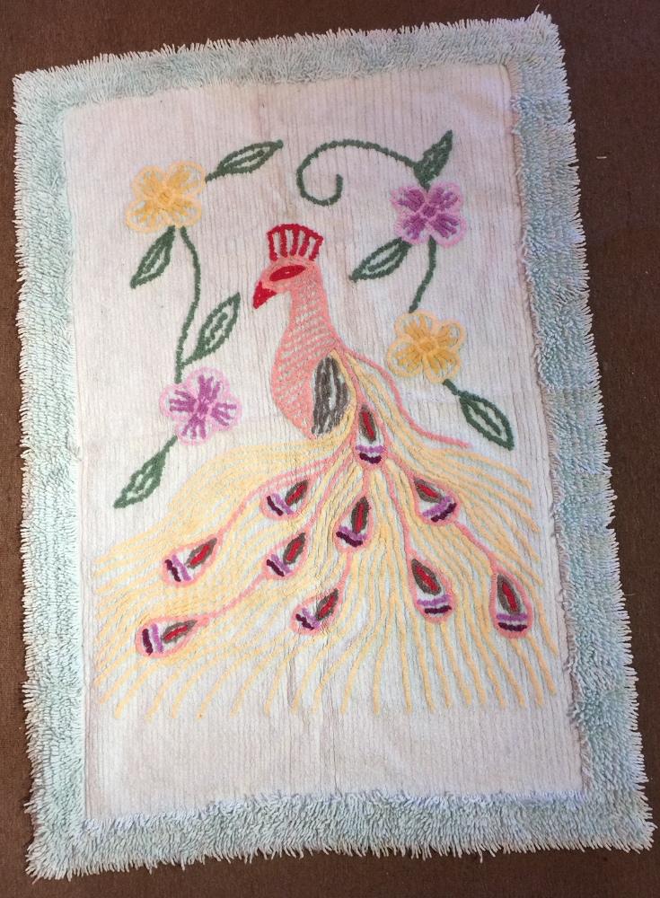 Vintage BIG Chenille Peacock Bird Rug Bath Not Spread Rare