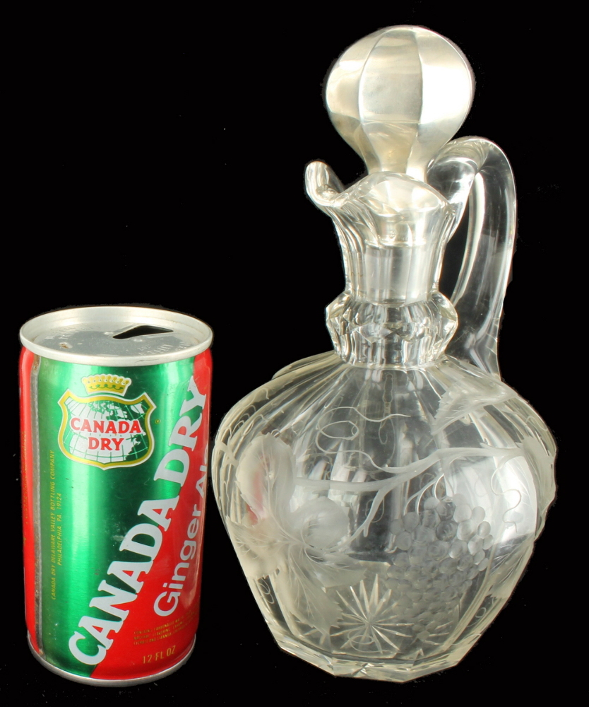 Antique Nouveau Engraved Cut Glass Pitcher Decanter Sterling Silver