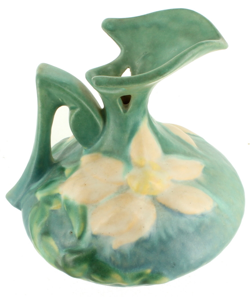 Vintage Roseville Pottery Clematis Blue Pitcher Ewer Pink Cream Flowers