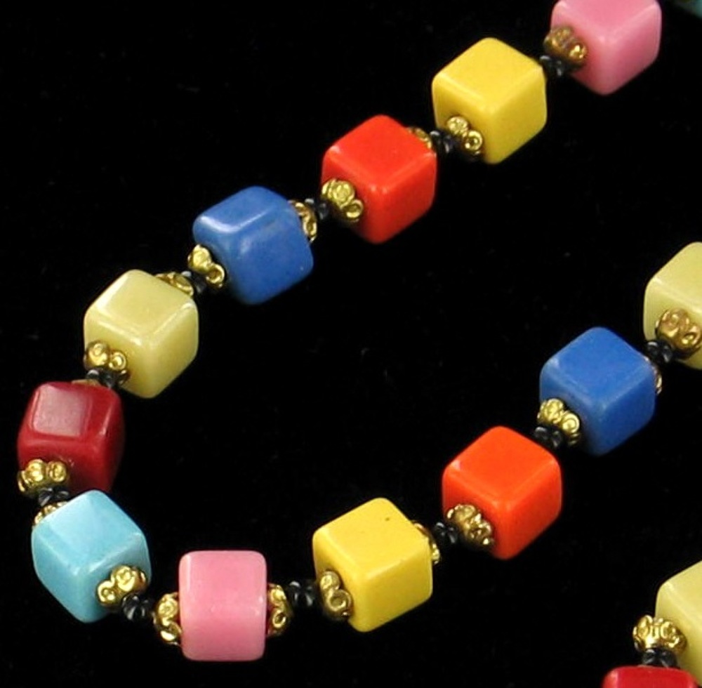 Antique Deco Square Candy Colored Glass Beads Flapper Necklace Brilliant! 48” eBay