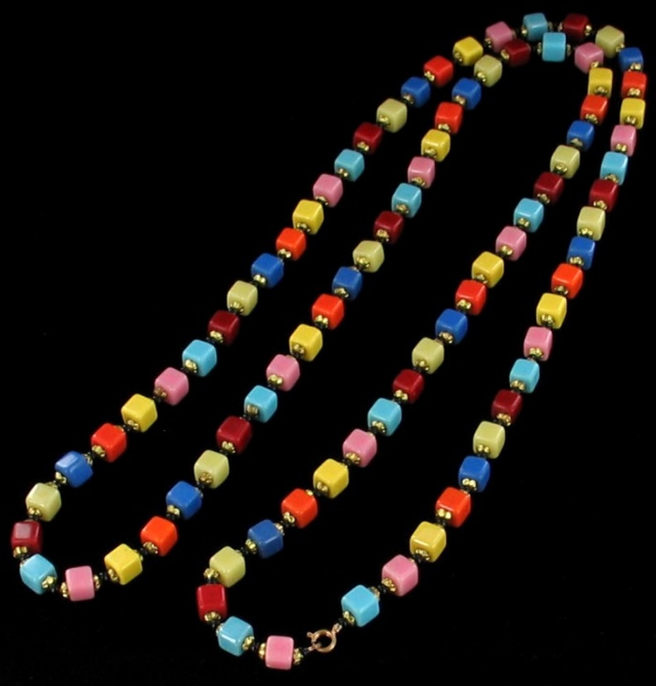 Antique Deco Square Candy Colored Glass Beads Flapper Necklace Brilliant! 48” eBay
