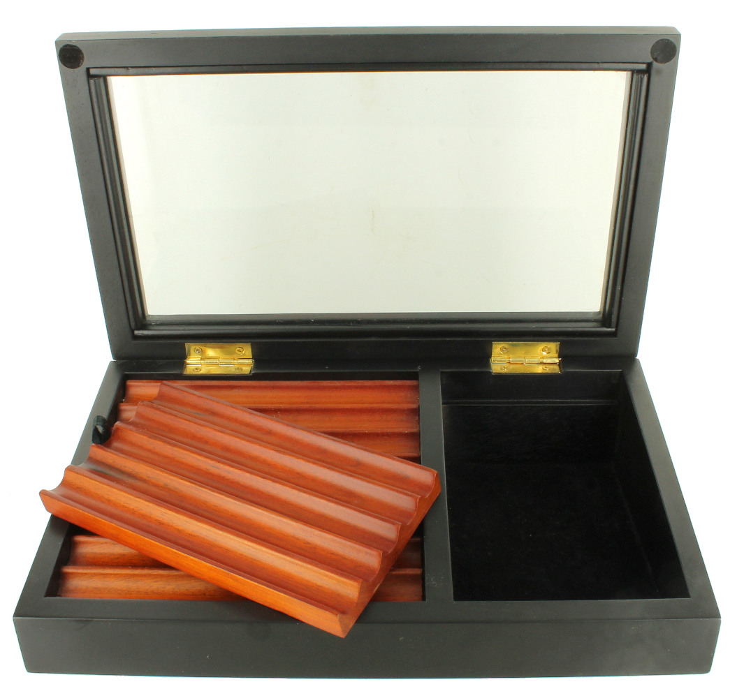 Vintage Black Wooden Pen Case Holder Box Swivel Lid 13 Sections