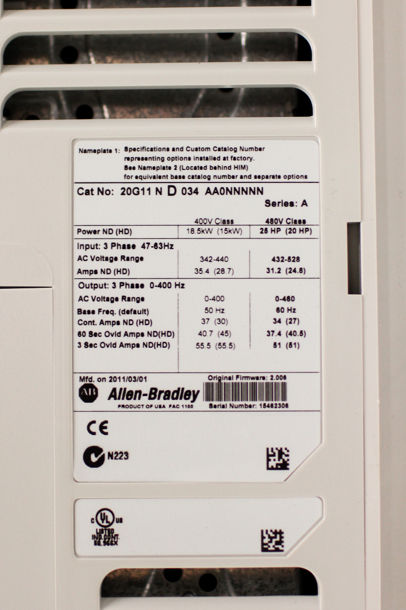 New Allen-Bradley PowerFlex 755 VFD 20G11ND034AA2NNNNN 25 HP, 480 V, 1