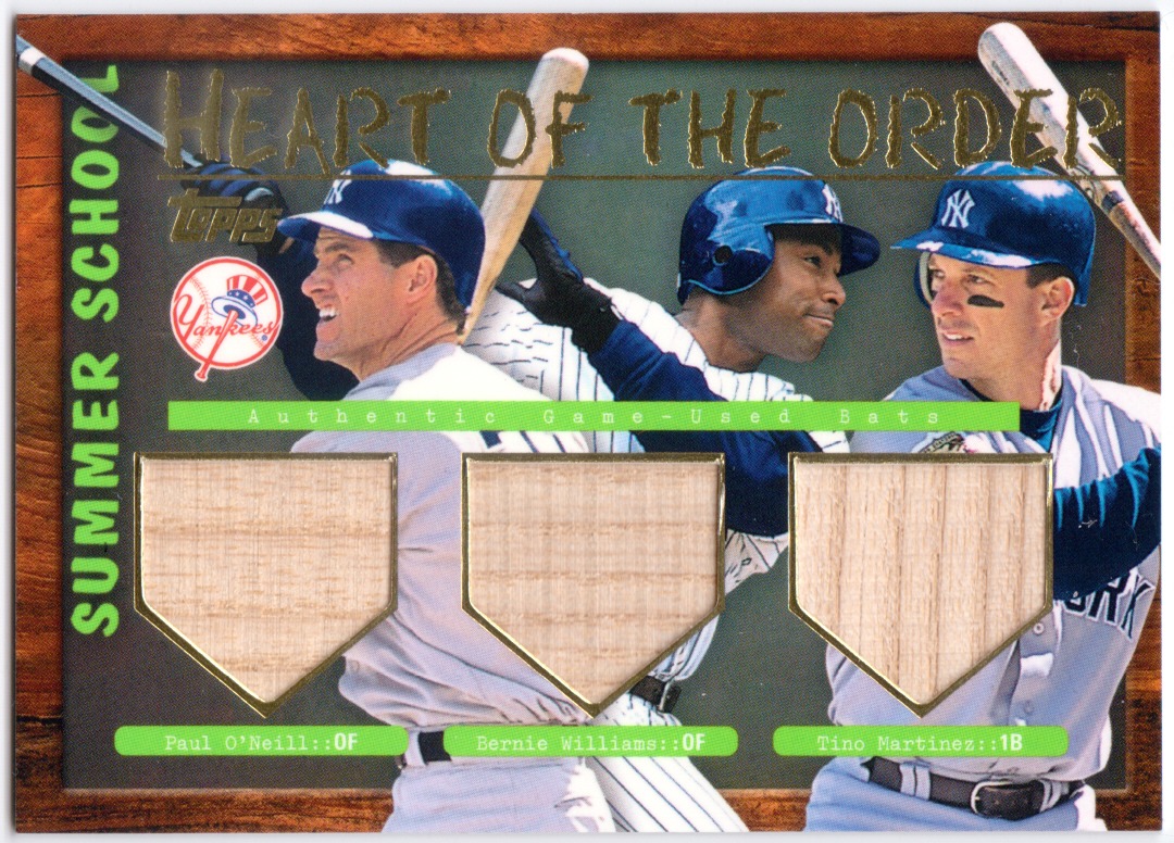 PAUL O'NEILL BERNIE WILLIAMS TINO MARTINEZ 2002 Topps Bat Relic Card