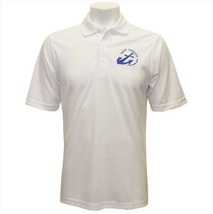 Vanguard Nlcc Men S White Performance Polo Shirt With Blue Logo