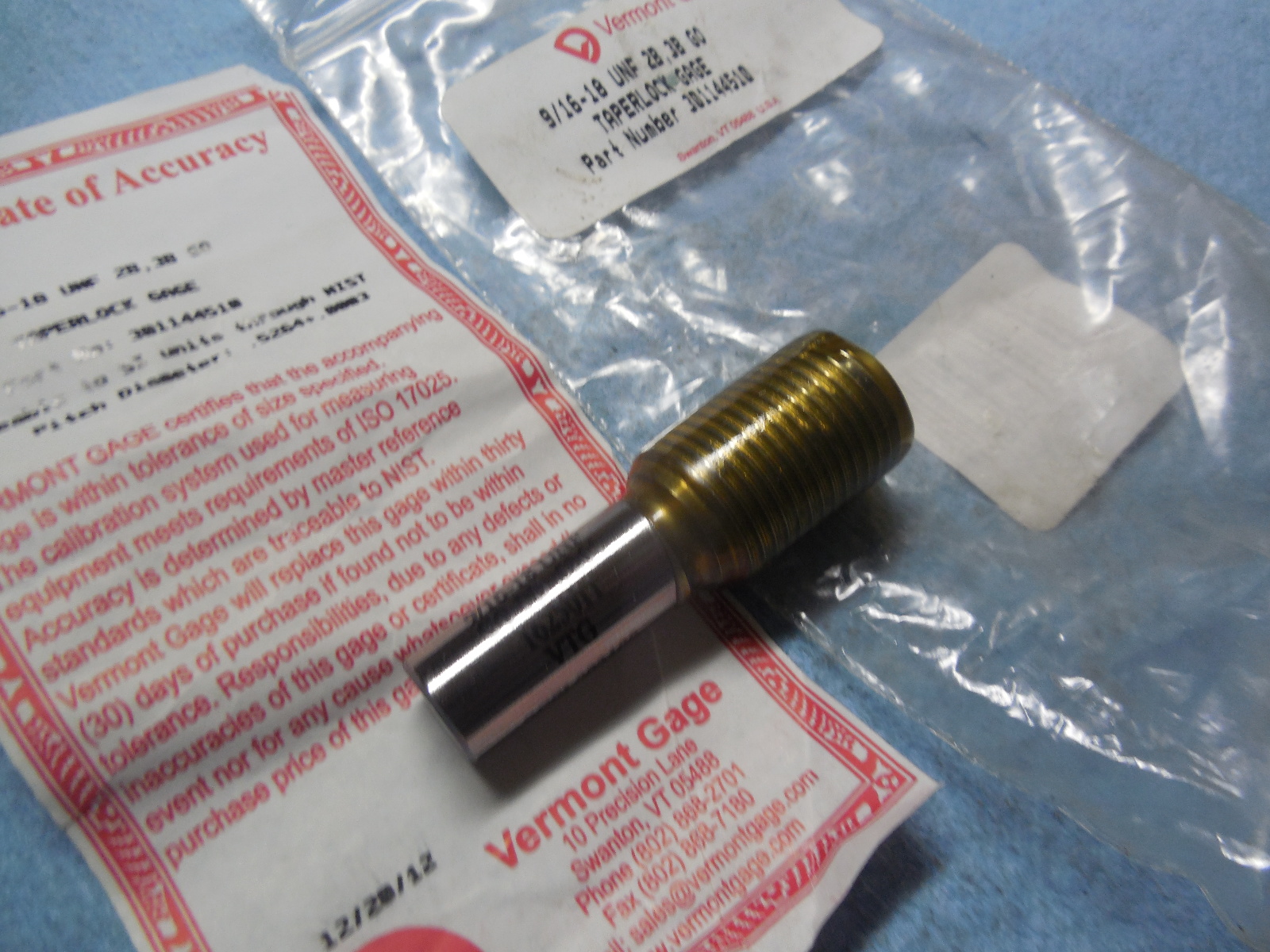 NEW VERMONT 9/16 18 UNF 2B OR 3B GO THREAD PLUG GAGE FOR TAPERLOCK