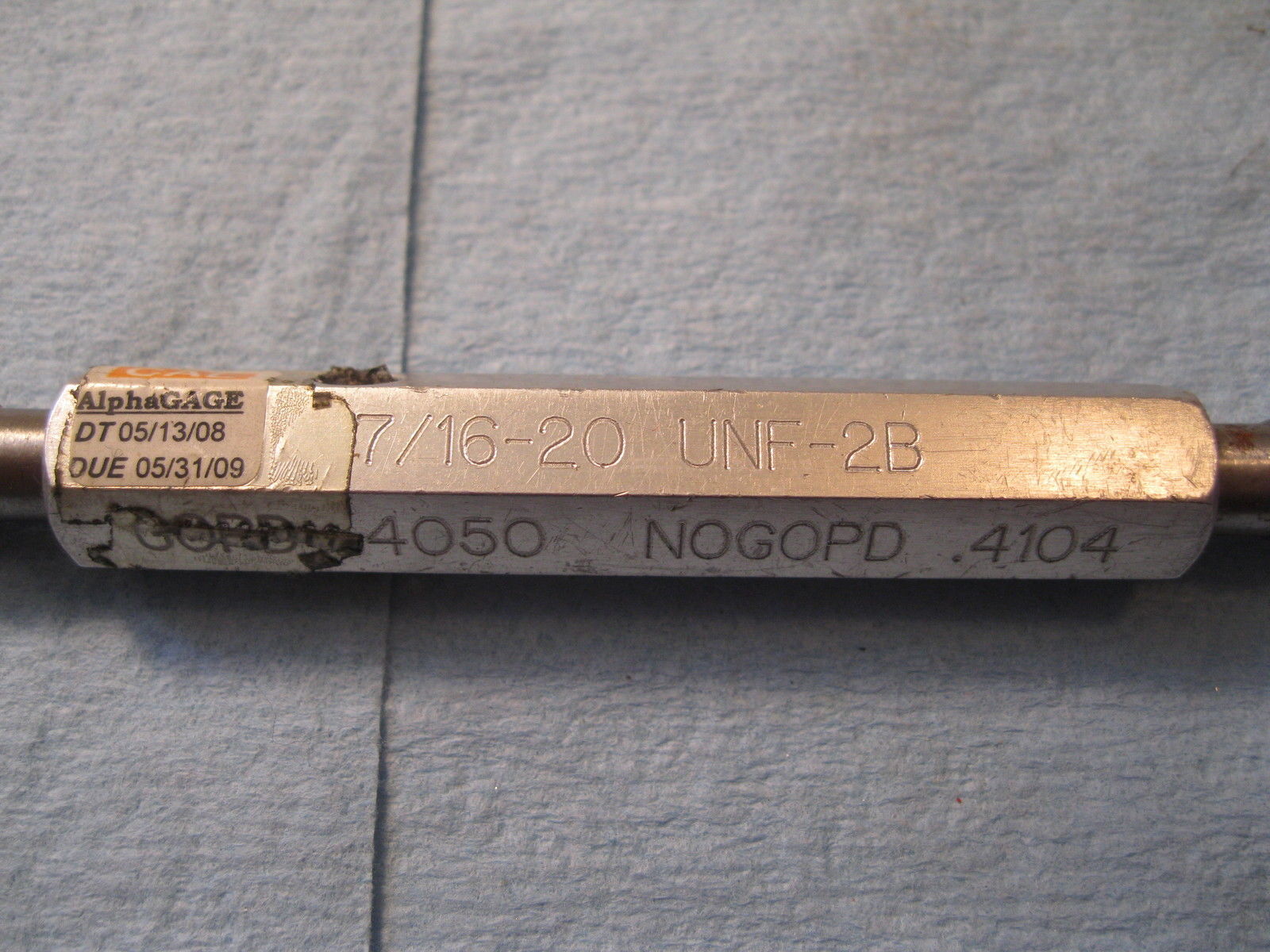 7/16 20 UNF 2B DEEP HOLE GAGE 9 1/4 O.A.L GO NO GO GAGE INSPECTION