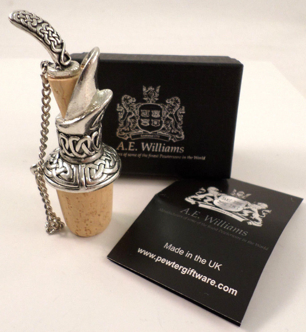 A.E. Williams Cork Brittish Pewter Celtic Knot Wine Bottle Pour Topper Stopper