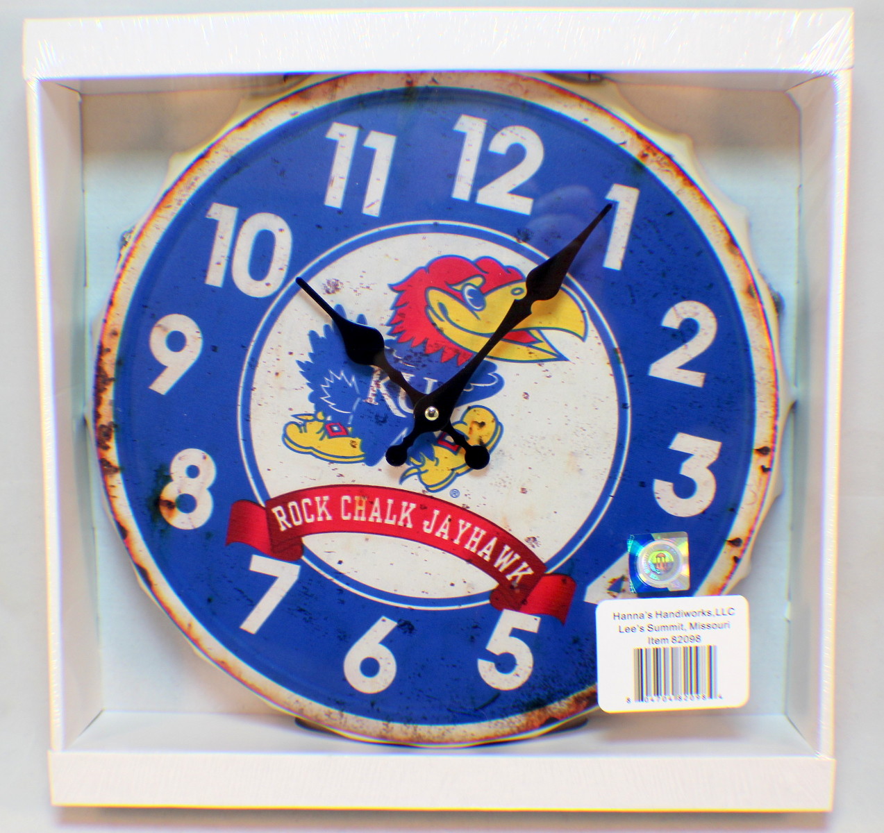 Kansas Ku Rock Chalk Jayhawk Metal Distressed Bottle Top Clock Bar