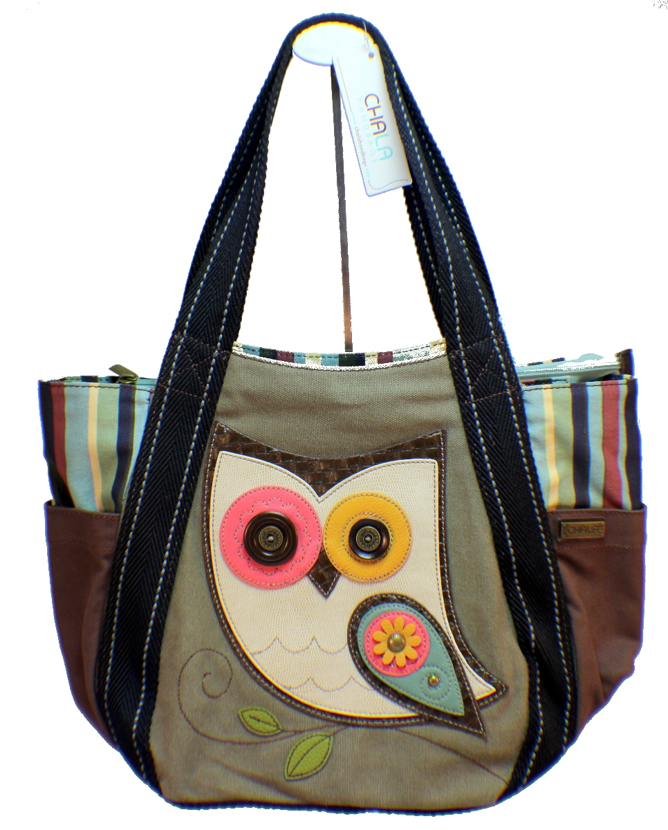 Chala Purse Handbag Leather & Canvas Carryall Zip Tote Bag Hoot Hoot