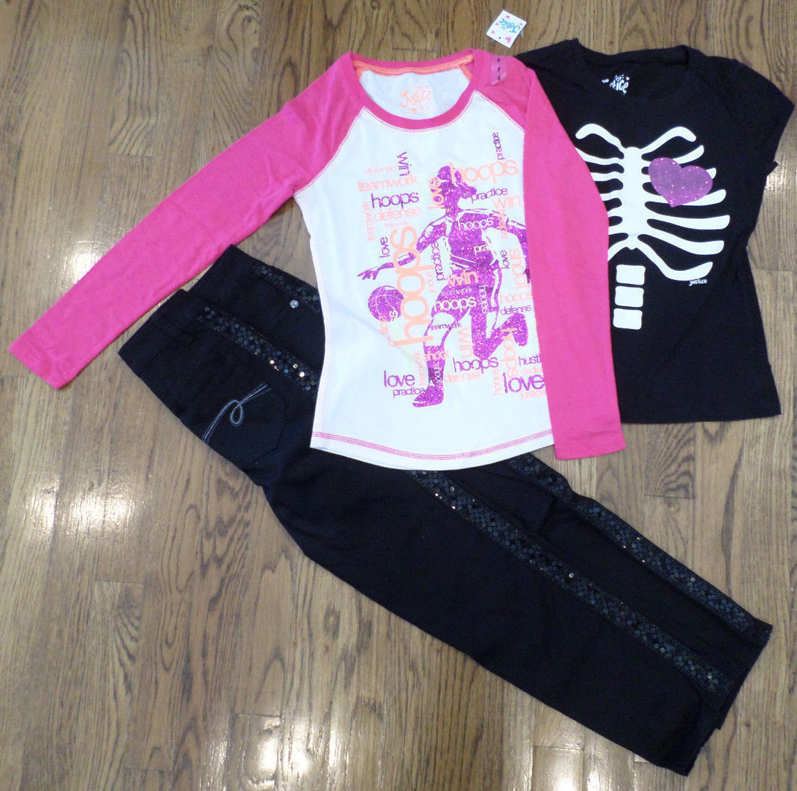 Justice Sz 8R NEW Basketball Shirt Lot Black Sequin Jeans Tee