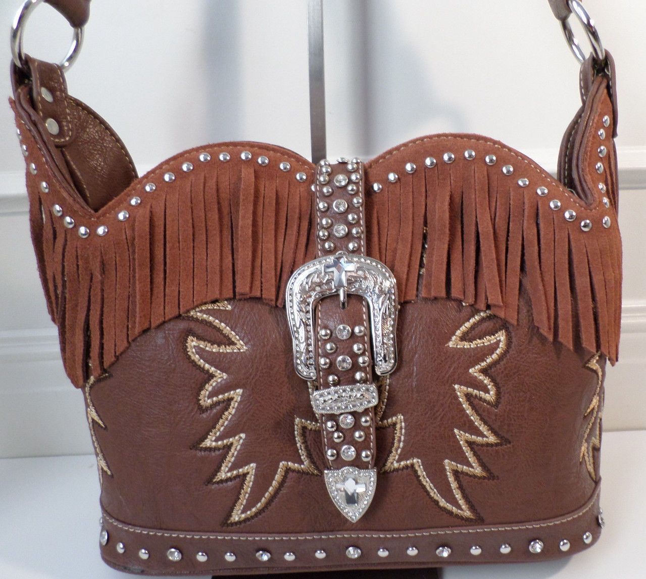 Montana West Sweetheart Fringe Handbag Purse Silvertone Studding New
