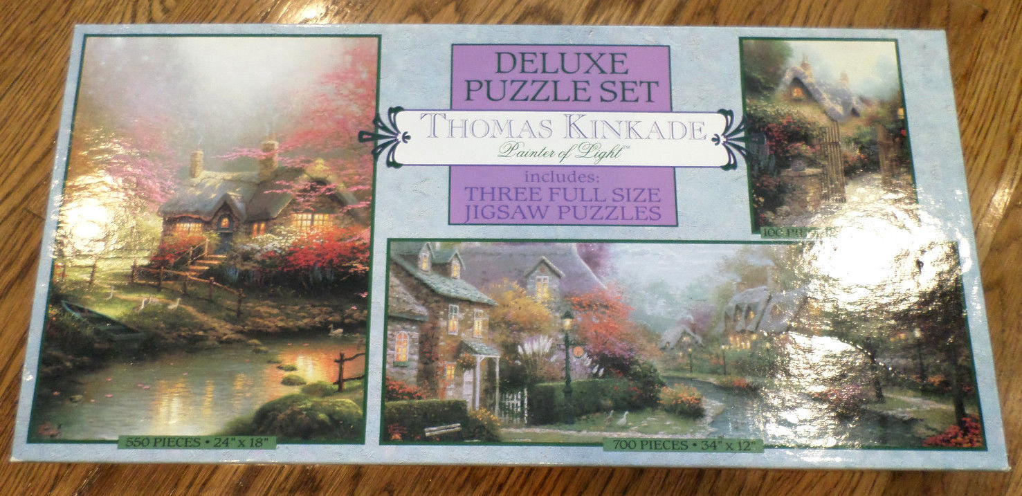 Thomas Kinkade 3 Puzzle Deluxe Set 100/550/700 Piece Cottage Brooke