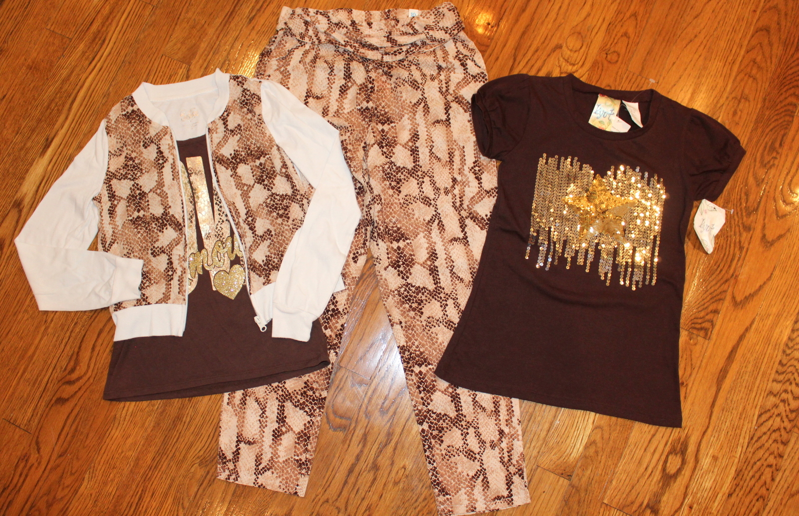 New Justice Animal Print Lot Sz 10 Brown Sequins Tank Zip Jacket