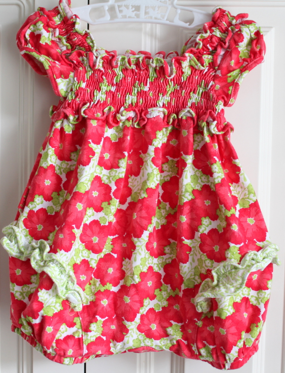 Le Top Romper Sz 3 Mo Smocked Flower Ruffle Red Gree Snap Bottom