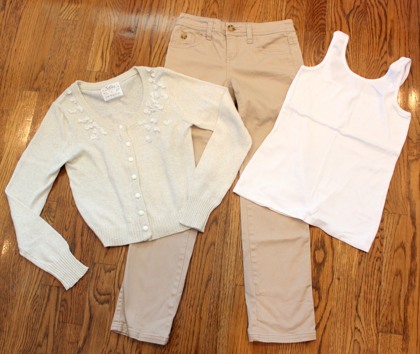 Justice 3 Pc Lot Sz 10/12 Khaki Pants Button Up Sweater White Tank Girls